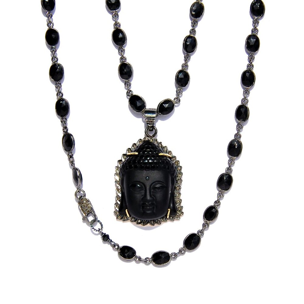 925 Silver Diamond & Carved Buddah Pendant Black Spinel Necklace